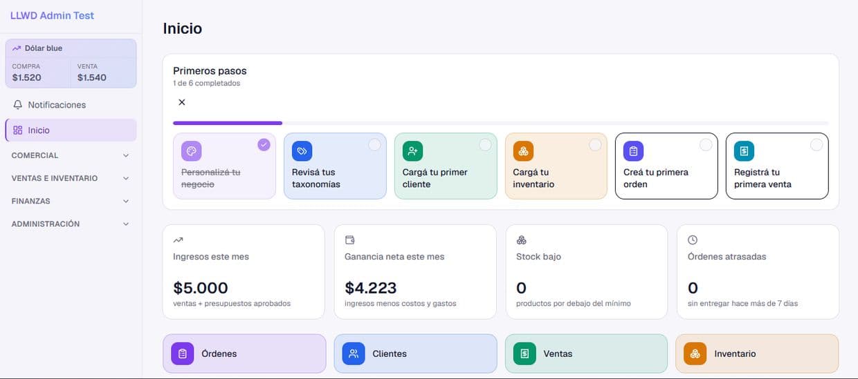 Panel de LLST AI: órdenes, clientes, ventas e inventario, en escritorio y en el móvil