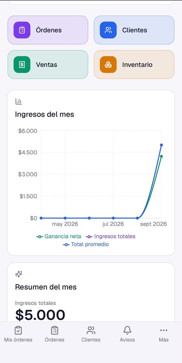 Panel de LLST AI: órdenes, clientes, ventas e inventario, en escritorio y en el móvil